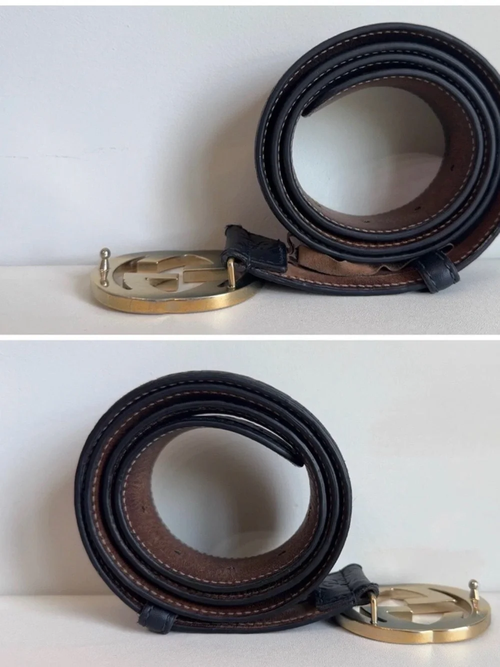 Gucci Black Leather Belt with Gold Double G Buckle. Made in Italy. Size 70-28